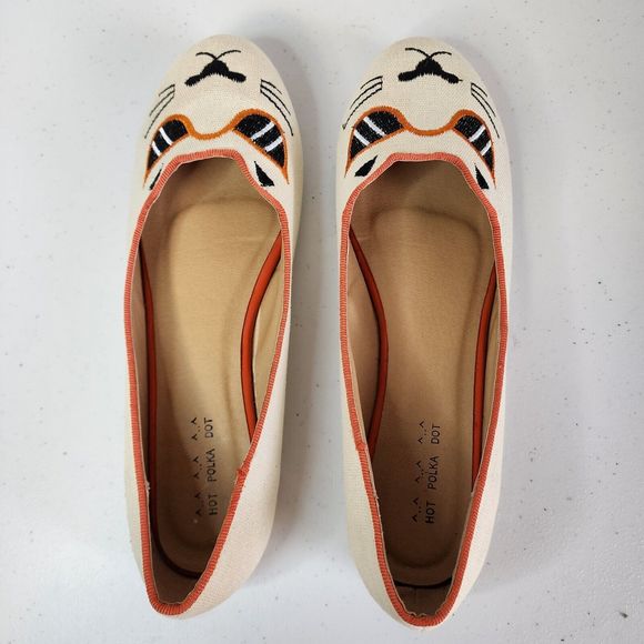 Cat Face Shoes Flats Womens 9.5 Kitten Embroidered Hot Polka Dot Cream Orange - Picture 8 of 10